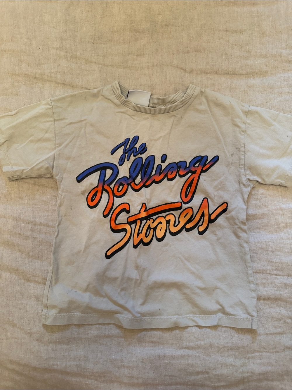 Zara Cream Tee with Blue and Orange 'Rolling Stones' Script